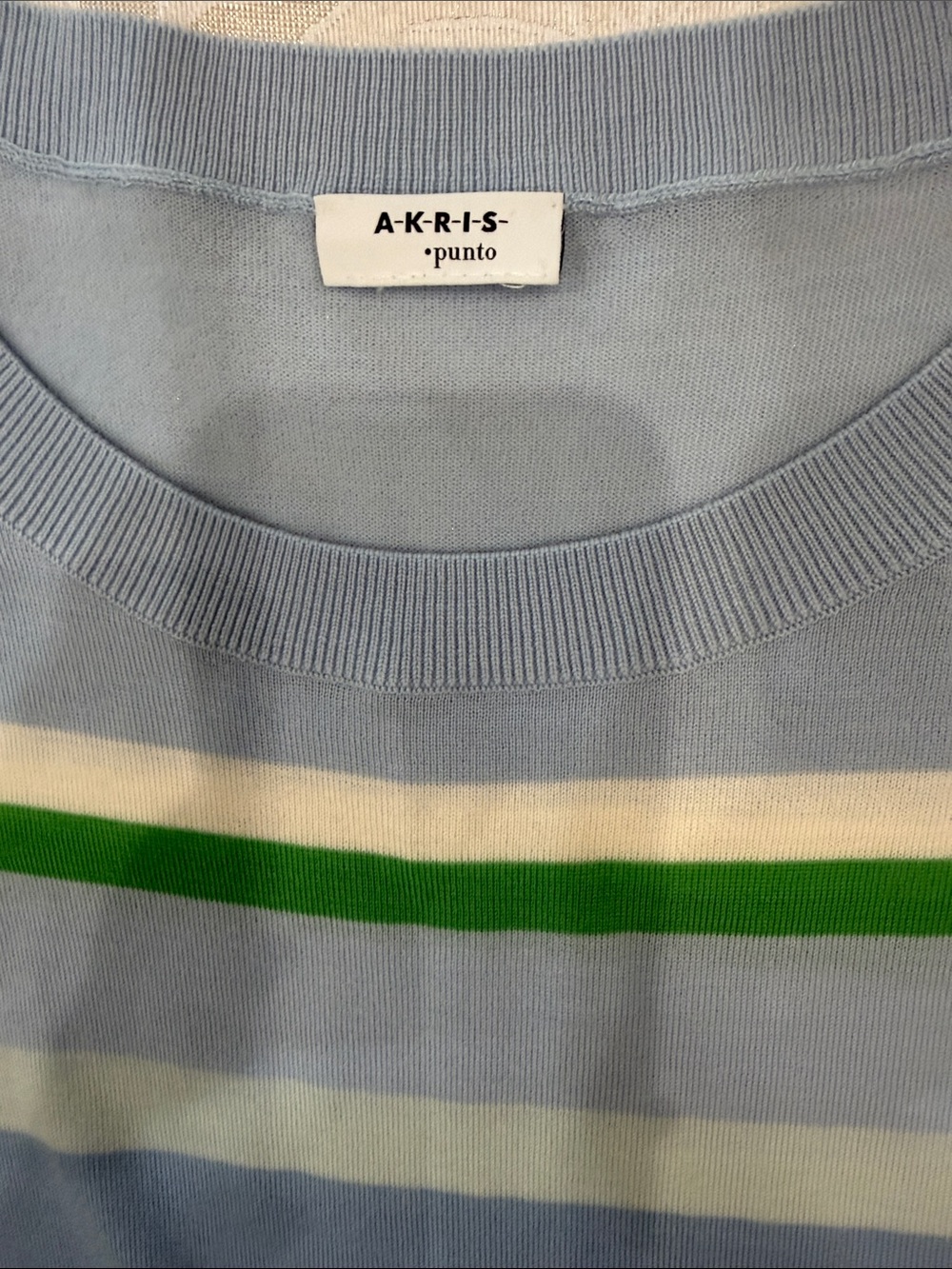 Akris Punto Women’s Pastel Blue Crewneck with Green & Cream Stripes - Picture 3 of 5
